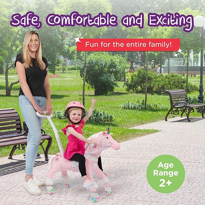 Power Pony Ride On Unicorn Riding Toy for 2+ Kids - Power Ponies Push Pull Kids Ride On Pony for Toddlers with A Removable Parent - Controlled Push Handle for Easy Rides, Pink, Grace