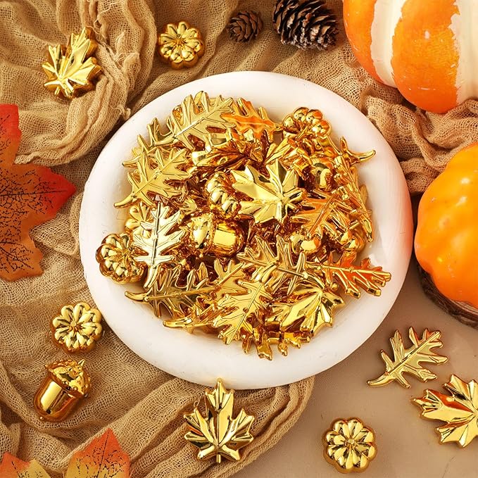 Thyle 120-140 Pcs/ 1 Ib Fall Vase Filler Golden Pumpkin Maple Leaves Acorn Sensory Bin Fillers Small Leaves Tiny Pumpkin Acorn Statue for Fall Thanksgiving Home Table Table Scatters Favor Vase Filler