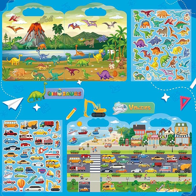 2 Set Reusable Sticker Books for Toddlers 2-4 Years, Puffy Reusable Sticker Activity Book for Kids Toddlers 1-3 Girls Boys Birthday Gifts Include Vehicles&Dinosaur