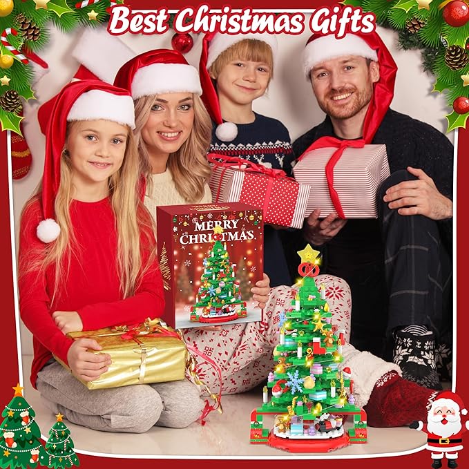 Flyart Christmas Tree Building Blocks, Toy Building Sets with LED Light, Christmas Tree Building Bricks with Christmas Train, Stocking, Snowflake, Xmas Gifts for Kids Adults Teens