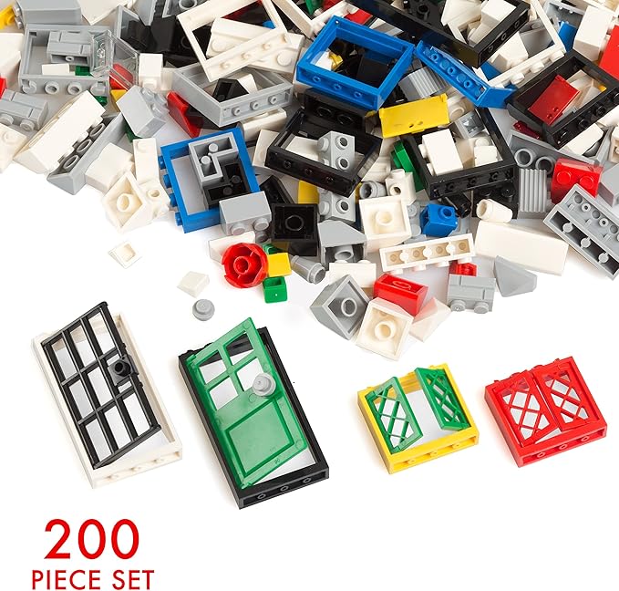 Barcaloo 200 Piece Windows, Doors, and Roof Tops Building Bricks Play Set, 7 Classic Colors, Includes Windows, Doors, and Roof Pieces, Classic Colors
