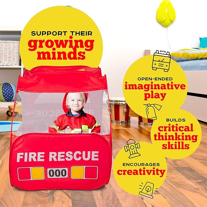 Kiddey Fire Truck Tent for Kids | Firetruck Play Tents with Sirens and Fireman Sounds for Girls, Boys, & Toddlers Gifts | Red Fire Engine Pop Up Playhouse with Costume | Indoor & Outdoor Baby Tent