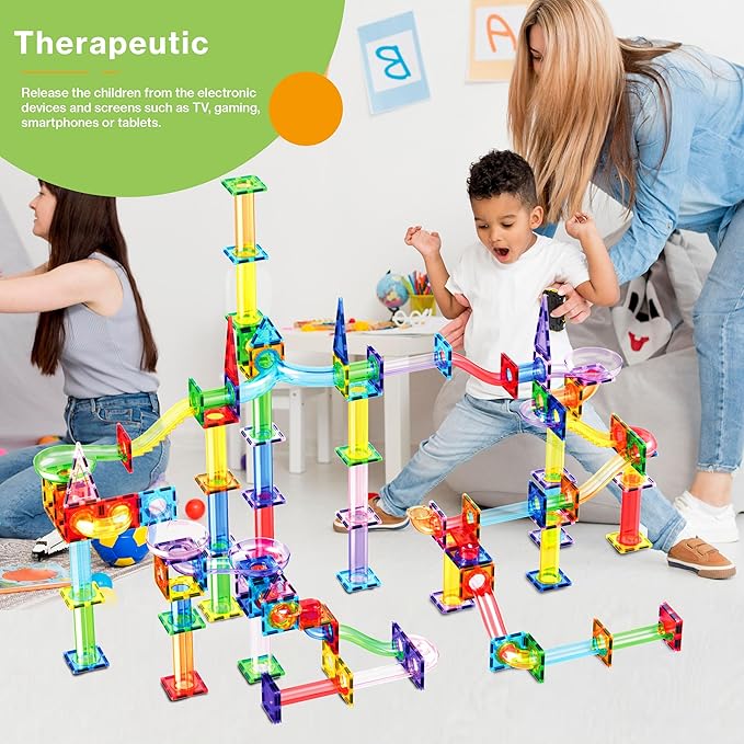 PicassoTiles 200pc Magnetic Marble Run Tiles Toy STEM Educational Race Track with Light Up Marbles Magnet Tile Building Blocks Maze Kit Sensory Pretend Play Toys for Toddlers Boys Girls Ages 3+ PTG200
