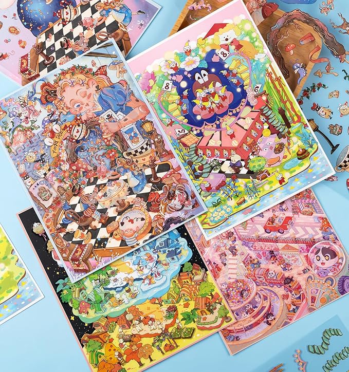 DIY 3D House Stickers, 4 Sets Fun DIY Stickers Scene Make Your Own Mini House Cute Cartoon Animal Scene Stickers for Kids Adult Sticker Art Relief Stress Pass The Time-Extral Large