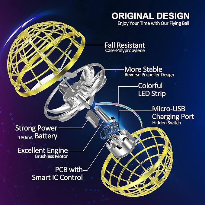 LEMATRIX 2024 Flying Orb Ball Toy, Hover Ball Boomerang Fly Fidget Spinner, Cool Toys Gifts for 6 7 8 9 10 11 12+ Years Old boy Girls Teens, Hand Mini Drone Cosmic Globe, Indoor Outdoor Toys(Golden)