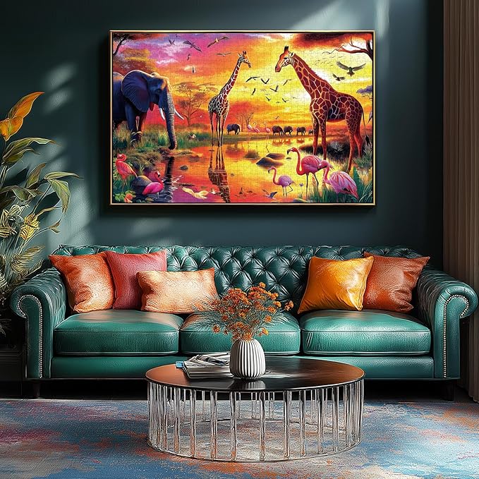Animal Jigsaw Puzzles for Adults 1000 Pieces Nature Wildlife Scene with Elephants Lion Tiger Giraffes Flamingos Puzzle Family Challenging Funny Puzzle Perfect for Game Nights (27.5"X19.6")