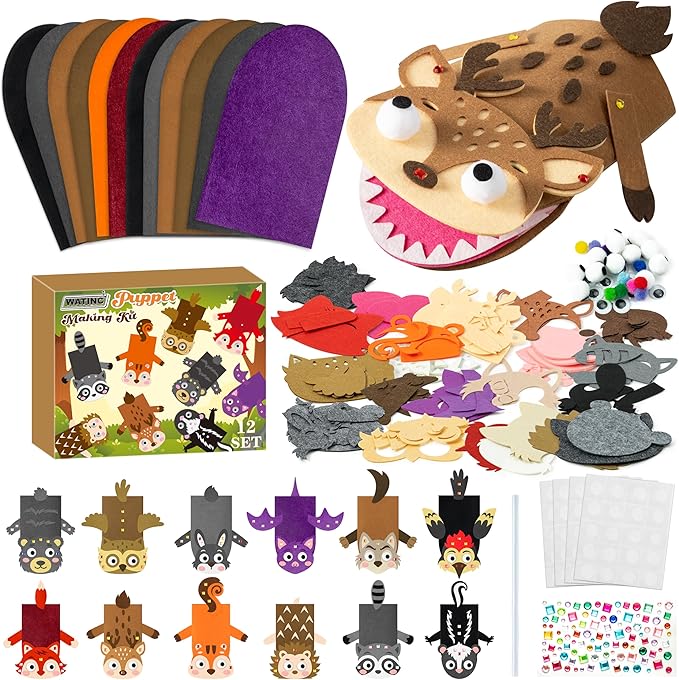 WATINC 12Pcs Hand Puppet Making Kit, Art Craft Felt Sock Puppet Toys, Creative DIY Make Your Own Pompoms Wiggle Googly Eyes Storytelling Role Play Party Supplies Gift for Girls Boys (Woodland Animals)