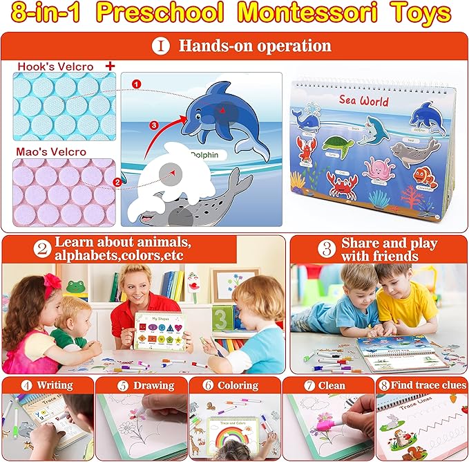 WJPC 53 Designs Busy Book for Toddlers 1,2,3,4,5,6 Years. Preschool Learning Busy Board Kids Boys&Girls Quiet Montessori Toddler Activity Book, Tracing Coloring