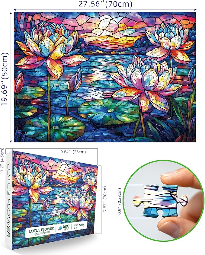 Stained Glass Flower Puzzles for Adults 1000 Pieces Colorful Waterlily Impossible Hard Puzzle for Adults Beautiful Vintage Flowers Art Jigsaw Puzzles Unique Challenging Mosaic Floral Family Puzzle