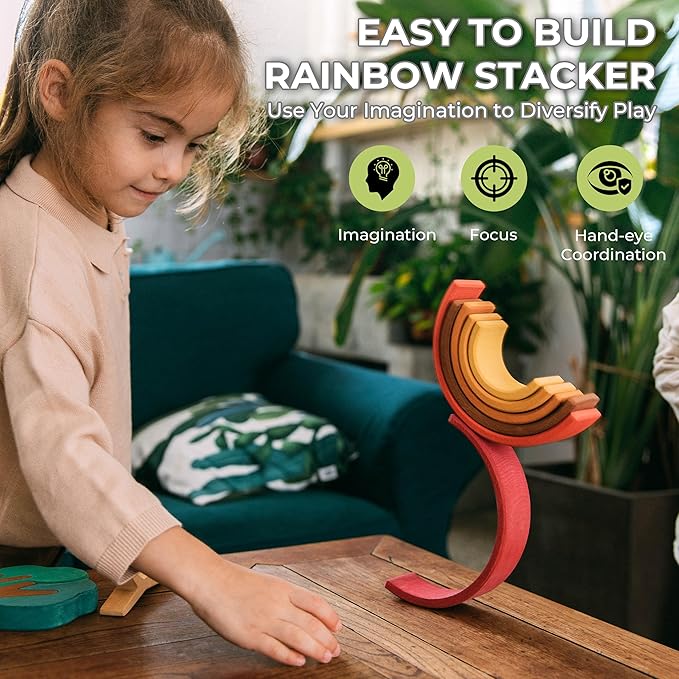 AVDAR 7Pcs Wooden Rainbow Stacker Toy, Montessori Nesting Puzzle for Kids, Rainbow Blocks