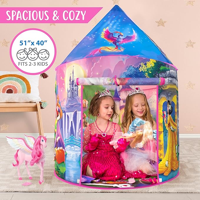 W&O Princess Tent with Fantasy Sound Button, LED Lights, Crown & Wand – Magical Indoor & Outdoor Playhouse for Kids Ages 3-8