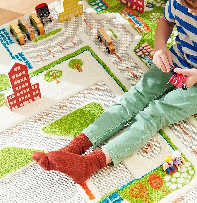 IVI Mini City Thick 3D Educational Play Mat Rug for Bedroom or Playroom, 86'L x 59'W, Non-Toxic Safe Play Area Learn with Cars and Toys