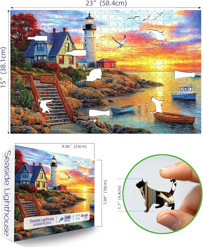 Lighthouse Sunset 500 Piece Puzzles for Adults Colorful Coastal Scene with Boats Jigsaw Puzzles 500 Pieces Seaside Landscape Family Puzzle Challenging Family Puzzle Games Gift for Adults (21"x15")