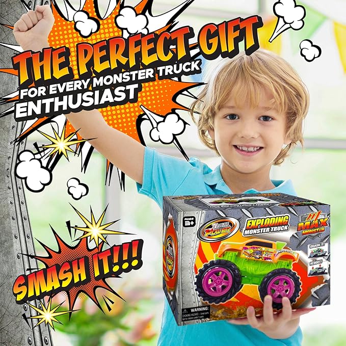 Exploding Monster Truck Toy with Explosive Crash Sounds and Lights, Smash It Up Again and Again, 8.7” Monster Truck Toys for Boys Kids Ages 3, 4-7 & Above | Toddler Toys for 3 Year Old Boys Gift