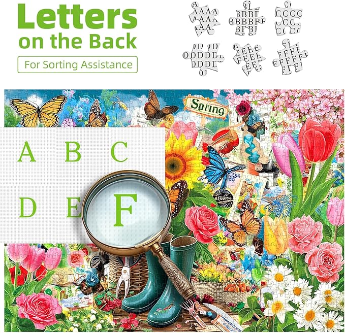 Spring Garden Butterfly 500 Piece Jigsaw Puzzle for Adults Vintage Colorful Flower Art Tulips Sunflowers Puzzle with Letters on Back Fun Family Challenging Games Gift for Seniors (23"x15")