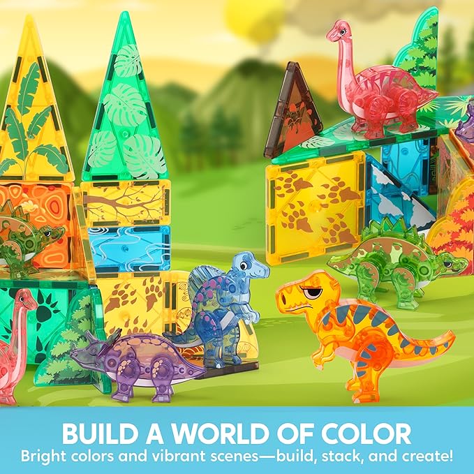 SYNCFUN Magnetic Building Tiles Dinosaur Set for Kids, 50PCS Including 5 Cute Dinosaurs, Educational STEM Toy for Boys & Girls Ages 3-5 4-8, Christmas Birthday Party Gift for Toddlers