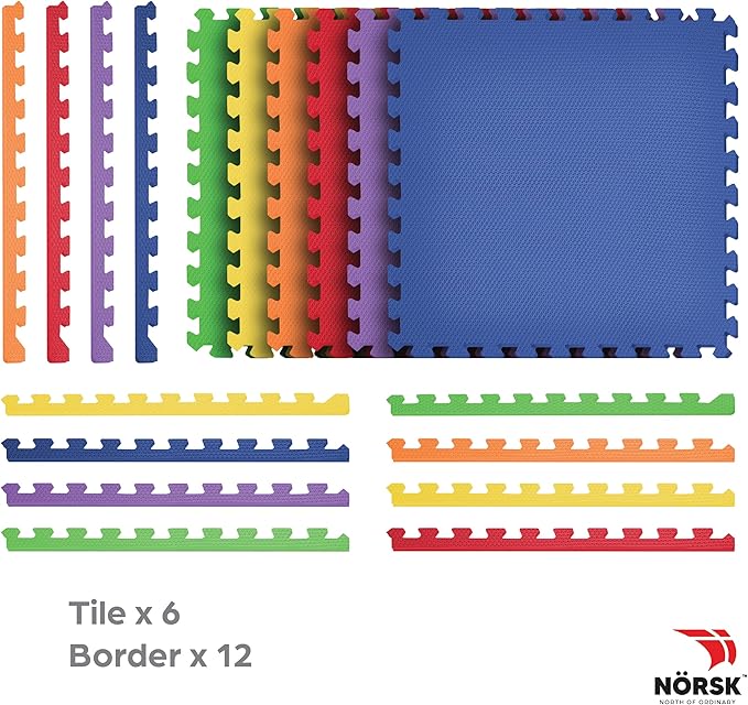 Norsk Kids Puzzle Play Mats Interlocking EVA Foam Floor Tiles Solid Color, 6 Tiles - 24 Sq. Ft., 1/2" Thick, Rainbow Pack