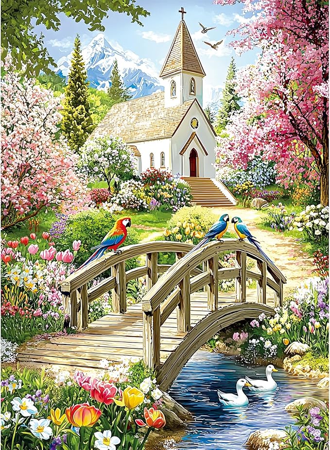 Puzzles for Adults 500 Pieces,Charming Lakeside Church Puzzle for Adults,Beautiful Flower & Parrot Jigsaw Puzzles for Kids Seniors Teens,Puzzles for Family Game Nights & Holiday Party Gifts,20.5x15 In