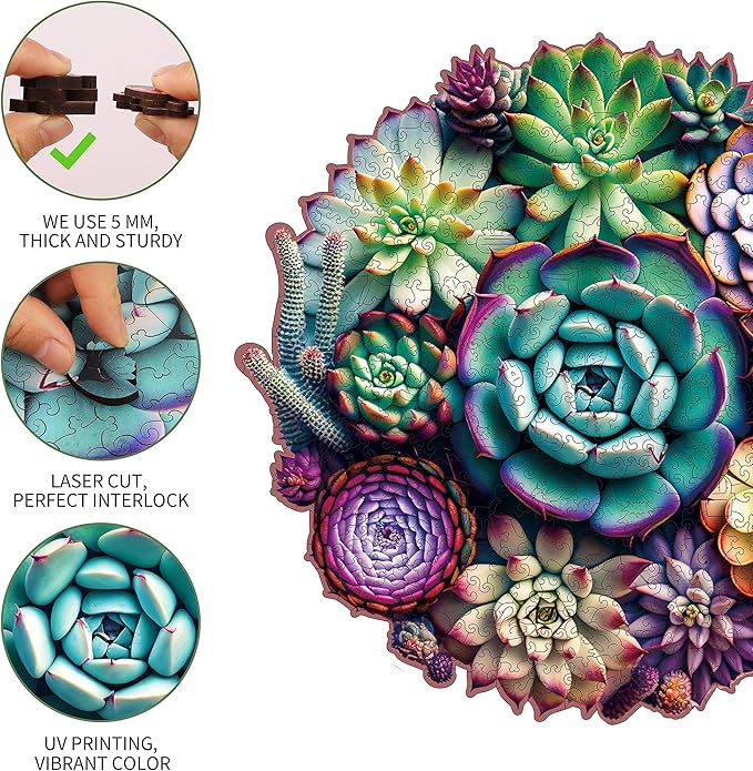 Wooden Jigsaw Puzzles - Mandala Succulent Plants, 100 Piece Luxurious Shaped Wooden Puzzles for Adults and Kids, Family Game, 7.7'' x 7.4''