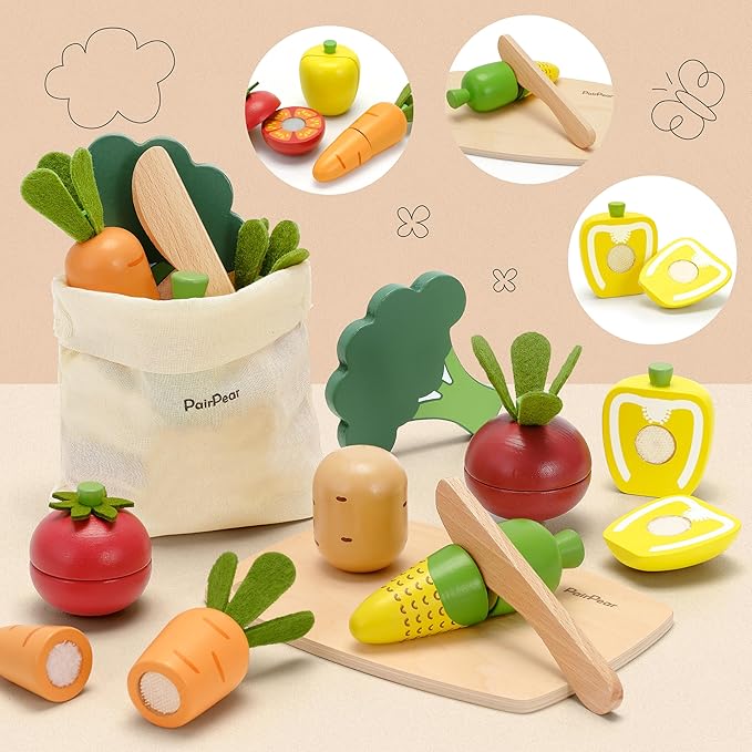 PairPear Wooden Toys Play Food Sets for Kids Kitchen, Kids Toy Food Cutting Vegetables Set for Toddlers 3+ Years Old, Pretend Food Play Kitchen Accessories for Girls and Boys