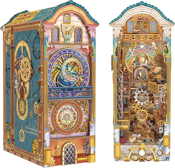 Tonecheer DIY Book Nook Kit for Adults, 3D Wooden Puzzle Bookend Miniature House Kit, Booknook Bookshelf Insert Decor with Dust Cover and LED Lights Gifts (Clock Tower)