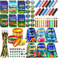 Zhanmai 140 Pcs Fall Camping Party Favors Gifts Silicone Bracelets Stickers Camping Keychain Badge Camouflage Pencils Spiral Camp Adventure Theme Notepads Happy Drawstring Bags Mini Flashlight for Kid