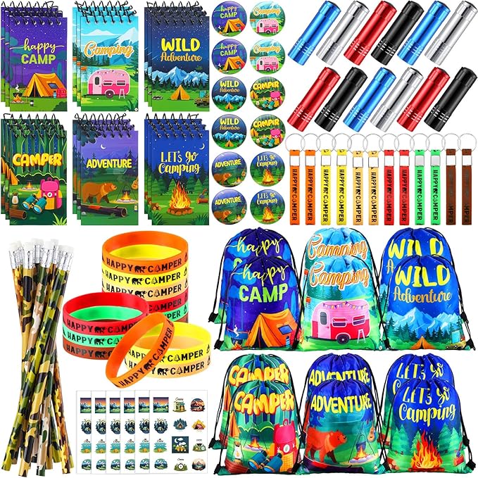 Zhanmai 140 Pcs Fall Camping Party Favors Gifts Silicone Bracelets Stickers Camping Keychain Badge Camouflage Pencils Spiral Camp Adventure Theme Notepads Happy Drawstring Bags Mini Flashlight for Kid