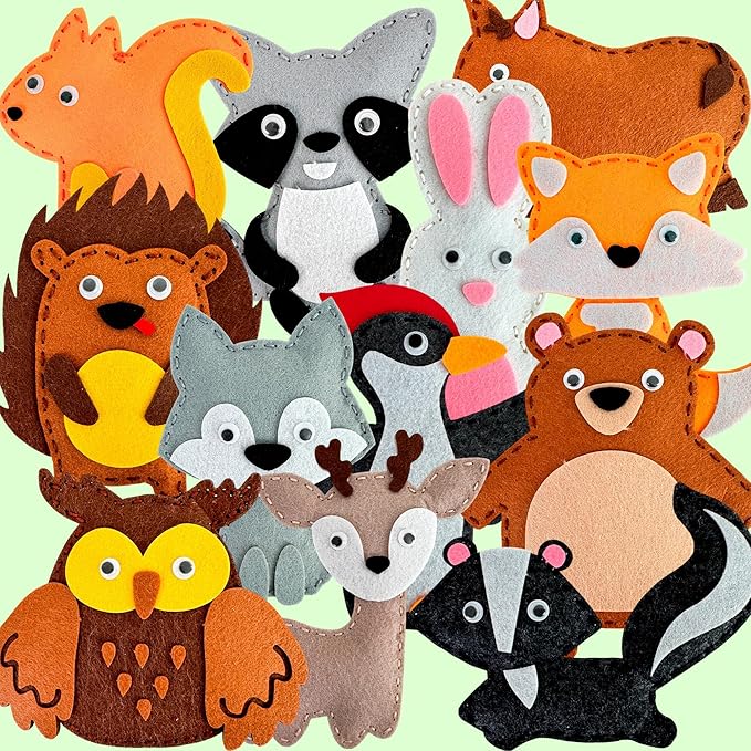 QUOKKA Kids Crafts Ages 4-8, DIY Beginner Needle and Thread Kit - 12 Wild Animals Sewing Kit Basic - Fun Arts Crafts for Kids Ages 6-8 Girls Boys - Plastic Needles, Scissors - 6+ Year Old Girl Gifts