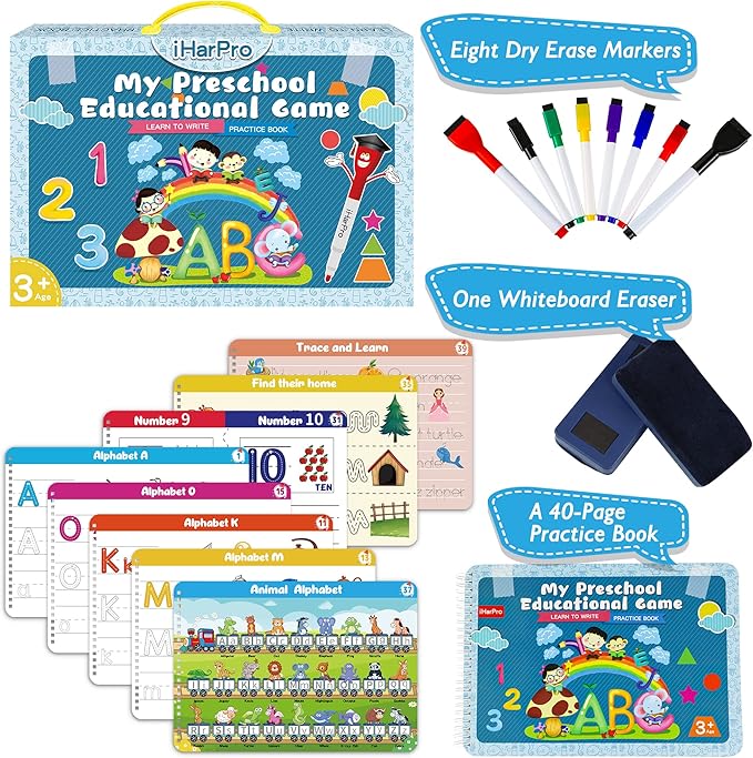Handwriting Practice - Tracing Books for Kids Ages 3-5, Montessori Preschool Learning Activity, Autism Educational Learn Number Letters Shapes Animal & Sight Words Workbook with 8 Dry Erase Markers
