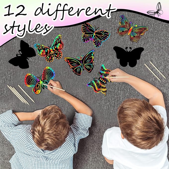 Deekin 72 Pcs Butterfly Scratch Cards Rainbow Paper Scratch Butterfly Craft Art Kits Party Favors with 36 Pcs Bamboo Stylus for Classroom Games DIY Crafts Home Ornaments, 12 Styles