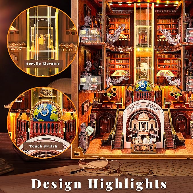 Book Nook Kit, Global Library Booknook with LED Light, DIY Miniature Dollhouse, Dual Power Options (Battery/Type-C), Unique Bookshelf Decor, Gift for Adults and Teens