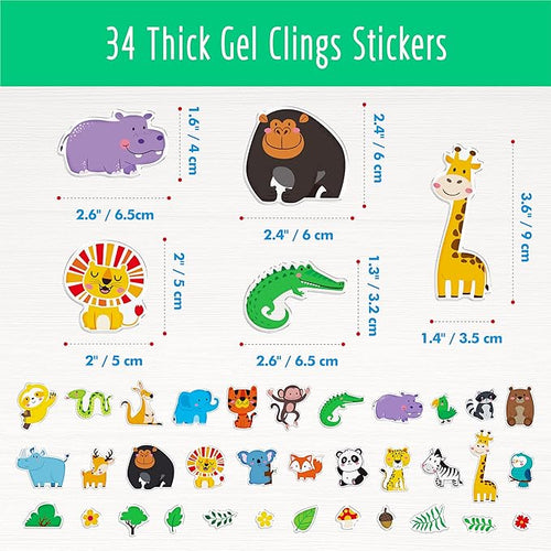 34PCS Wild Animal Jelly Stickers, Thick Window Door Clings Removable Reusable Gel Clings Decals for Kids Toddlers Adults Home Classroom Nursery Animal Theme Party Supplies Decorations (Not Edible)