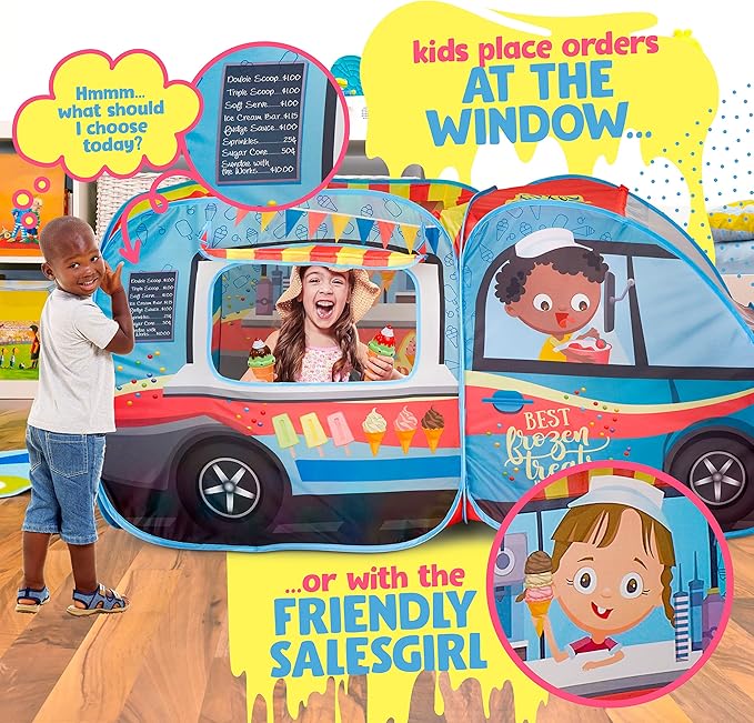 Kiddzery Ice Cream Truck Play Tent for Kids - Pretend Play Toy Food Set - Pop Up Icecream Playhouse Toys with Music Button - Birthday Gift for Girls & Boys - Indoor & Outdoor Tents for Toddlers & Baby