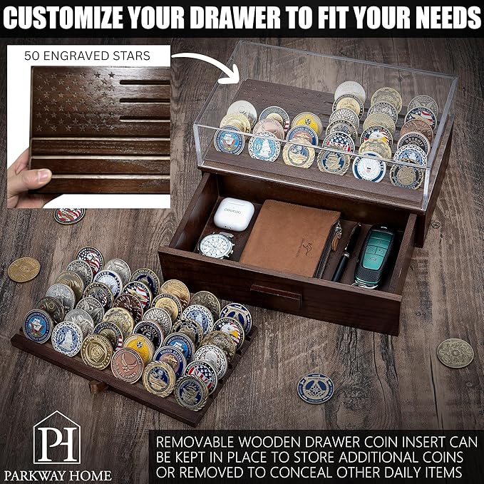 Military Challenge Coins Display Holder with American Flag and Clear Cover - Solid Wood Challenge Coin Stand with Drawer, Challenge Coin Display Case for Collector, Military Coin Holder Rack for Desk
