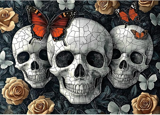 Halloween Gothic Skulls & Butterflies 1000 Piece Puzzle for Adults - Dark Fantasy Jigsaw Puzzle with Intricate Skulls, Monarch Butterflies & Roses - Challenging 1000-Piece Puzzle for Adults(27"x19")