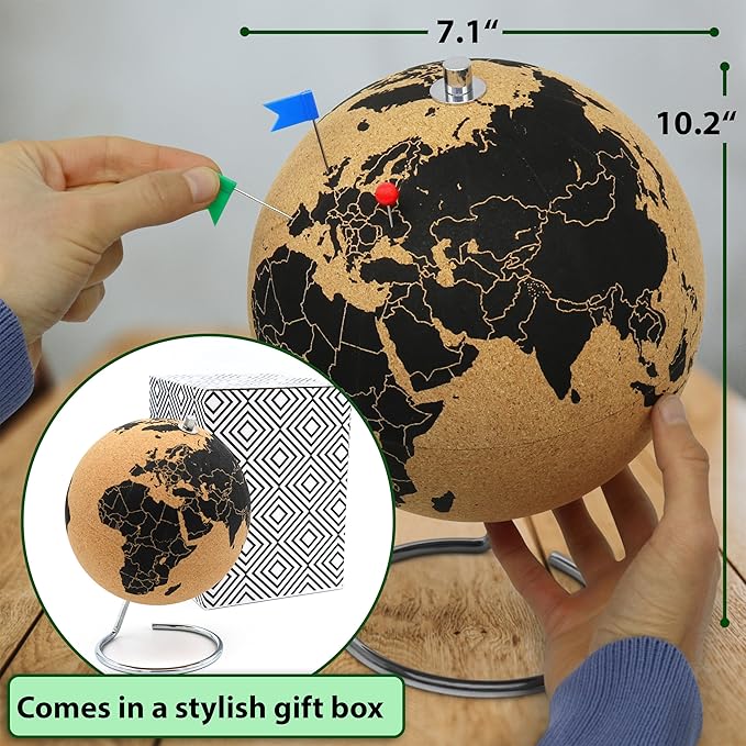 Beautiful Cork Globe with 102 Different Push Pins - Spinning Travel Globe 26cm / 10 inch High with Push Pin Made of Cork – as Travel Map & Gift Idea for Globetrotters