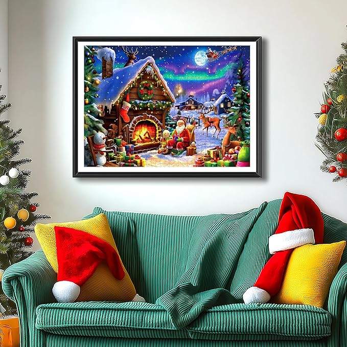 Christmas 500 Piece Jigsaw Puzzle for Adults - 23x15 Inch Santa Claus Reindeer Aurora Borealis Cabin with Unique Shaped Pieces, Home Decor