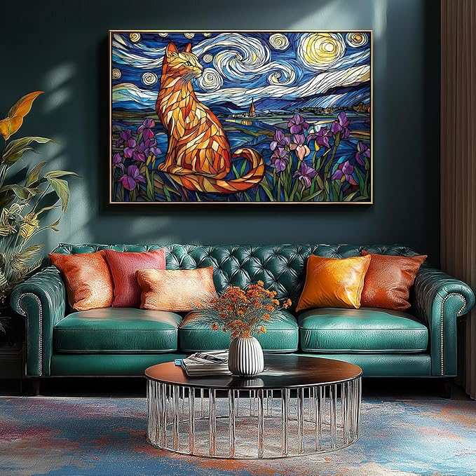 Stained Glass Cat Puzzles for Adults 1000 Pieces Starry Night Impossible Hard Puzzle for Adults Beautiful Vintage Flowers Cats Art Jigsaw Puzzles 1000 Pieces Unique Challenging Family Puzzle