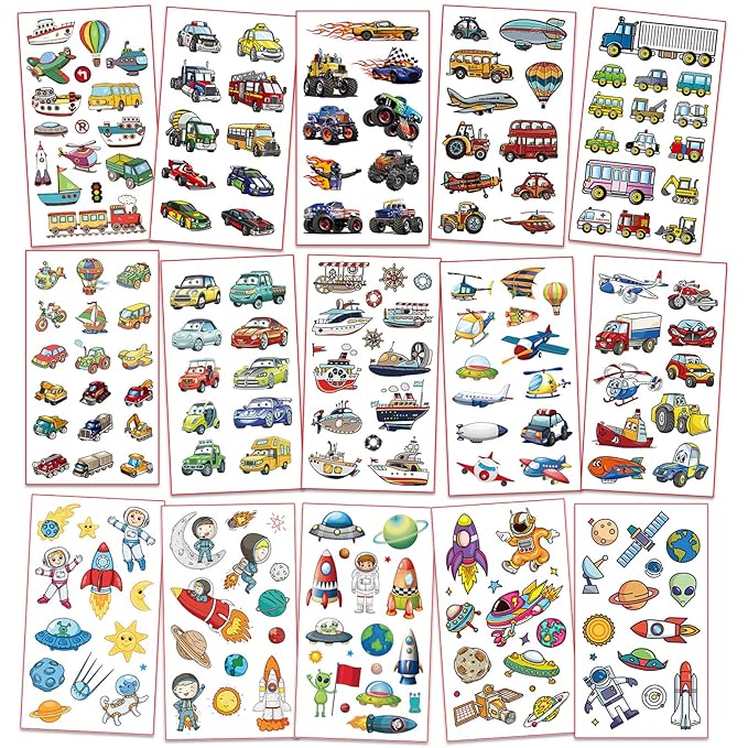 Waterproof Temporary Tattoos For Kids - 300 Pieces | Dinosaurs, Vehicles and Space | Temporary Tattoo Sheets for Boys | Party Favor for Goody Bags | Non-toxic、Skin-Safe*、Cosmetic-Grade