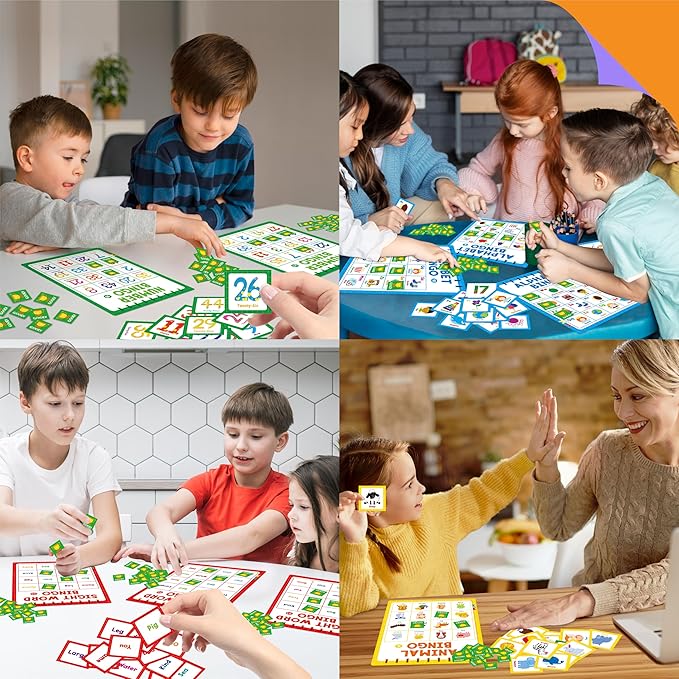 Family Bingo Game, Alphabet, Animal, Sight Word & Number Bingo Board Game, Counting and Matching Skills Classic Educational Game for Kindergarten and Preschool Kids, Perfect for Home and Classroom