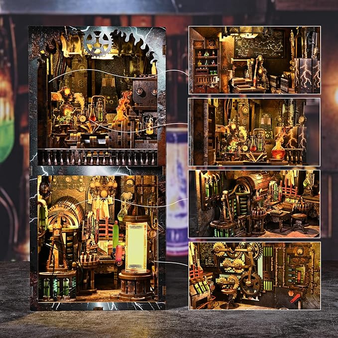 Book Nook Kit, DIY Miniature Dollhouse Booknook Kit, 3D Wooden Puzzle Bookend Bookshelf Insert Decor with LED Light for Teens and Adults (Steampunk Mad Scientist Laboratory)