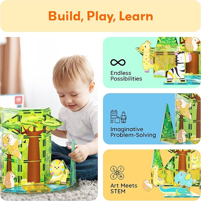 PicassoTiles Magnet Tile Building Block Safari Themed Set with 8 Compatible Magnetized Animal Action Figures Build Blocks Toddler Creativity Toys STEAM Educational Learning Skills Ages 3+ PTQ12