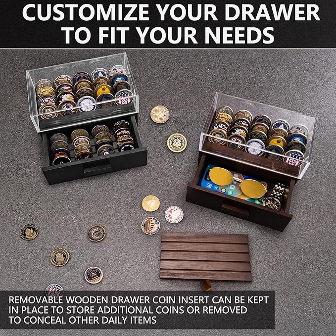 Black Wooden Challenge Coin Display Case with Clear Cover - Medium Military Coin Display Case Holds 20 Coins on Top & 16 in The Storage Drawer - Versatile Coin Stand Holder & Poker Chip Display Case