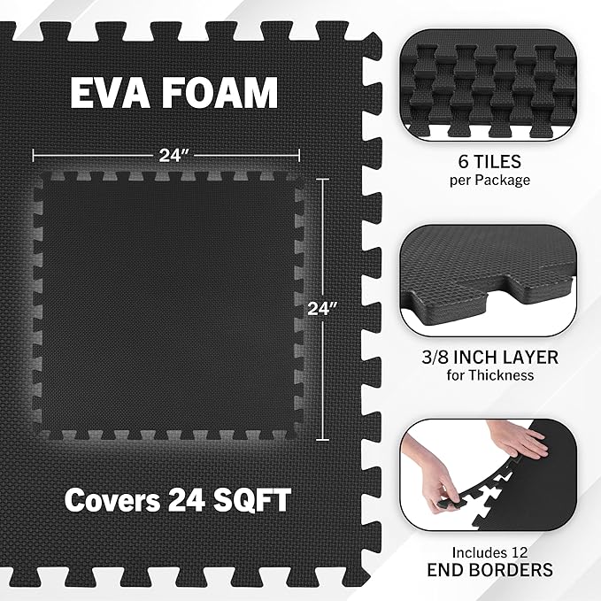 EVA Foam Mat Tiles 6-Pack - 24 SQ FT of Interlocking Padding for Garage, Playroom, or Gym Flooring - Exercise Mat or Baby Playmat by Stalwart (Black)