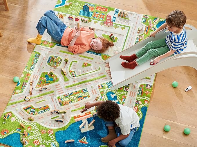 IVI Mini City Thick 3D Educational Play Mat Rug for Bedroom or Playroom, 86'L x 59'W, Non-Toxic Safe Play Area Learn with Cars and Toys