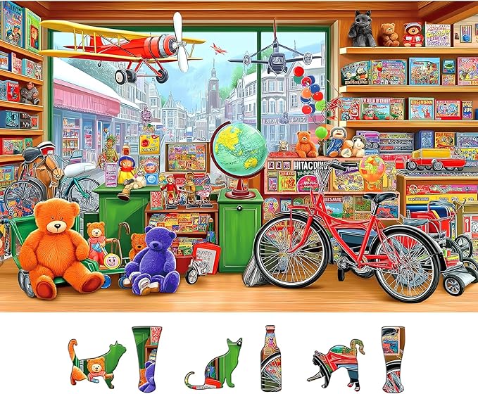 Fantasy Toy Store 500 Piece Jigsaw Puzzle for Adults Adventure Vintage Scene Shop Fun Puzzles with Letters on Back Bears Bicycles Unique Challenge Gift Toy for Family Seniors (23"X15")