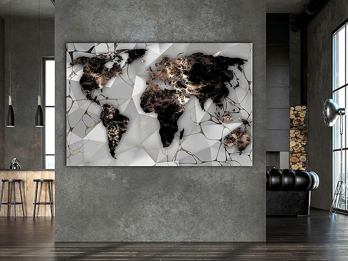 artgeist Textured Canvas Wall Art World Map 24x16 in - 1pcs Painting Canvas Prints Picture Artwork Image Framed Modern Photo Wall Home Marable Black k-C-10012-b-a