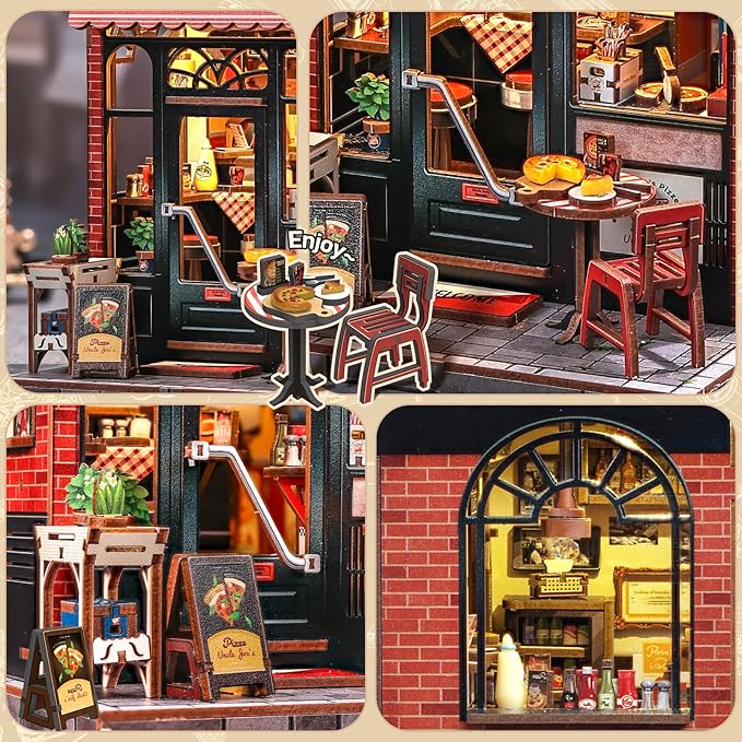 CUTEBEE Book Nook Kit - DIY Miniature House Dollhouse Kit for Adults and Teens, Booknook Tiny House Bookshelf 3D Wooden Puzzle, Gifts for Family (Uncle Joe's Pizzeria)