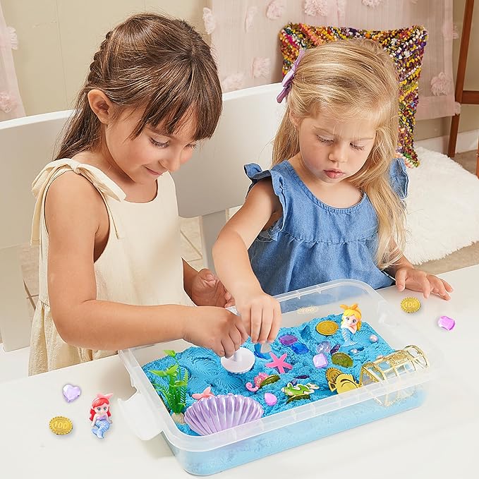 Premium 38 PCS Mermaid Sensory Sand Bin with 2 lb Magic Sand,Seashell Stamp, Sensory Bin & Treasure Accessories – Perfect for Creative Play and Learning, Ideal Gift