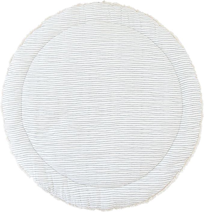 MakeMake Organics Organic Play Mat GOTS Certified Organic Cotton Nursery Floor Rug Washable Reversible Non Toxic Activity Mat Tummy Time Crawling Pad Thick Quilted (Round 48",Blue Stripes,Solid Ivory)
